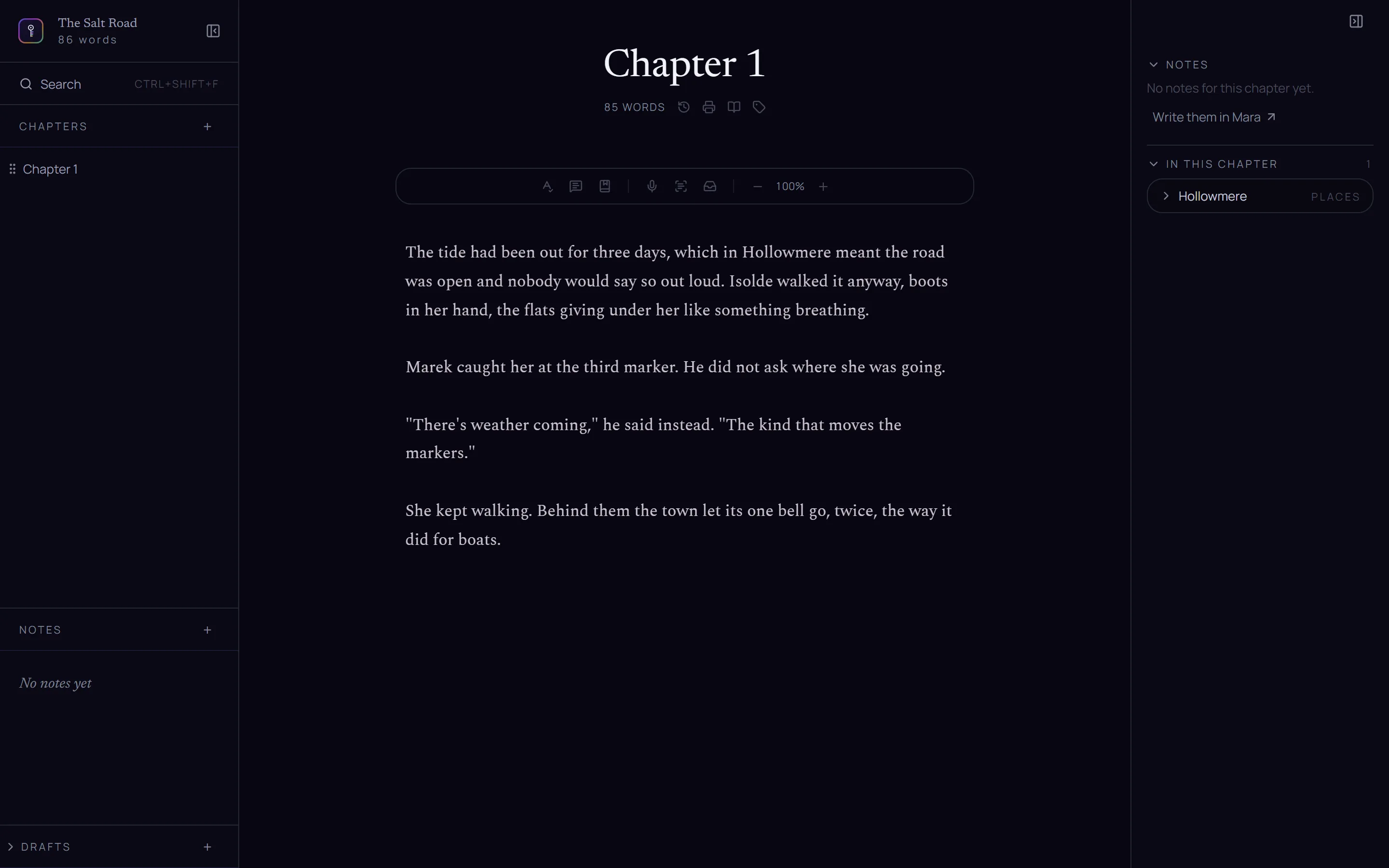 A chapter of The Salt Road open in the editor, with the chapter's notes and the places that appear in it listed in the panel on the right