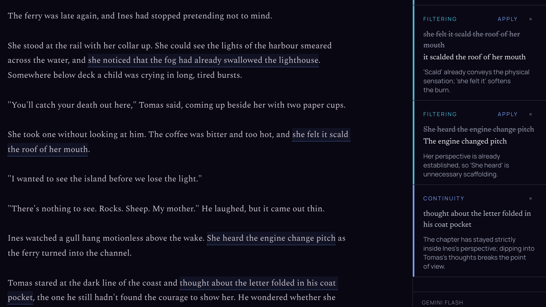 A line edit in Apparition: filter words flagged in the passage with a rewrite for each, and a note that the chapter slips out of Ines's point of view into Tomas's thoughts