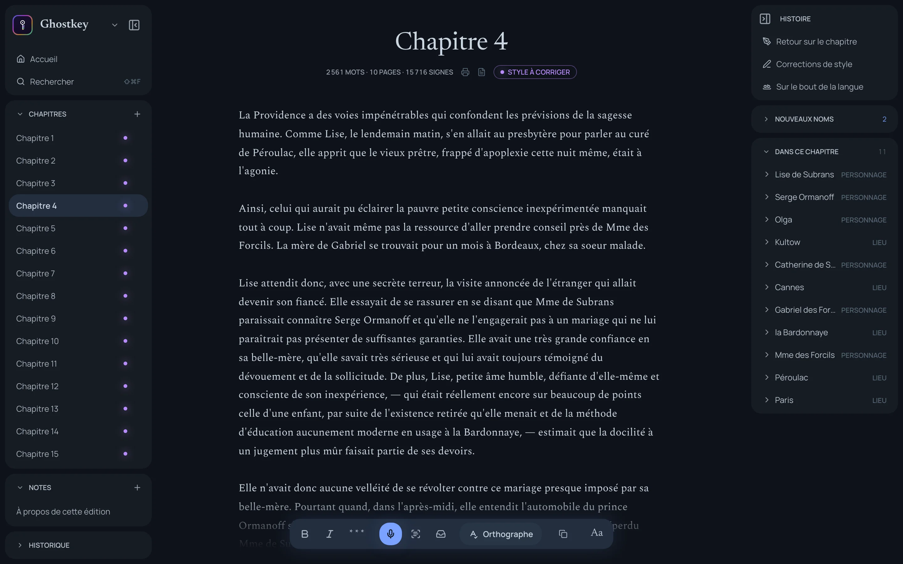 Le chapitre 4 d’Esclave… ou reine ? ouvert dans l’éditeur, avec les personnages et les lieux qui y apparaissent listés dans le panneau de droite