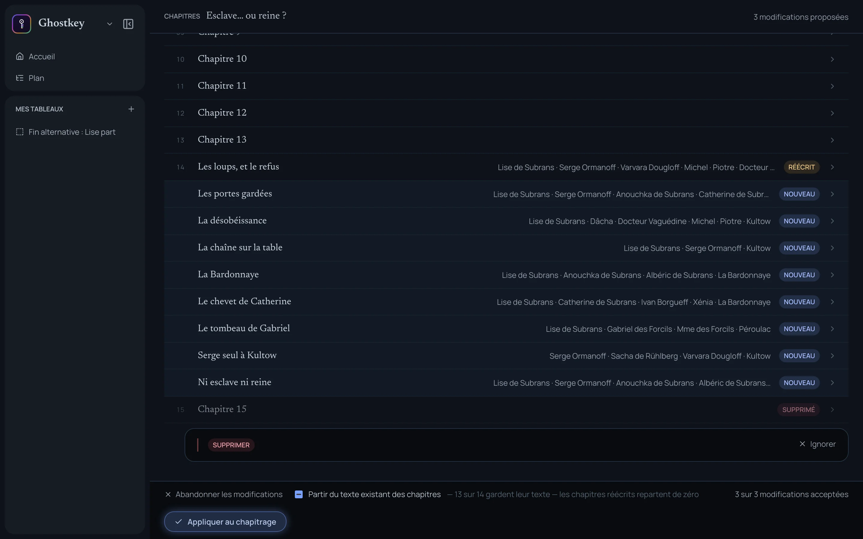 Un chapitrage proposé pour une nouvelle fin : le chapitre 14 réécrit, huit chapitres nouveaux et le chapitre 15 supprimé, chacun avec ses personnages, au-dessus d’un bouton qui applique les modifications