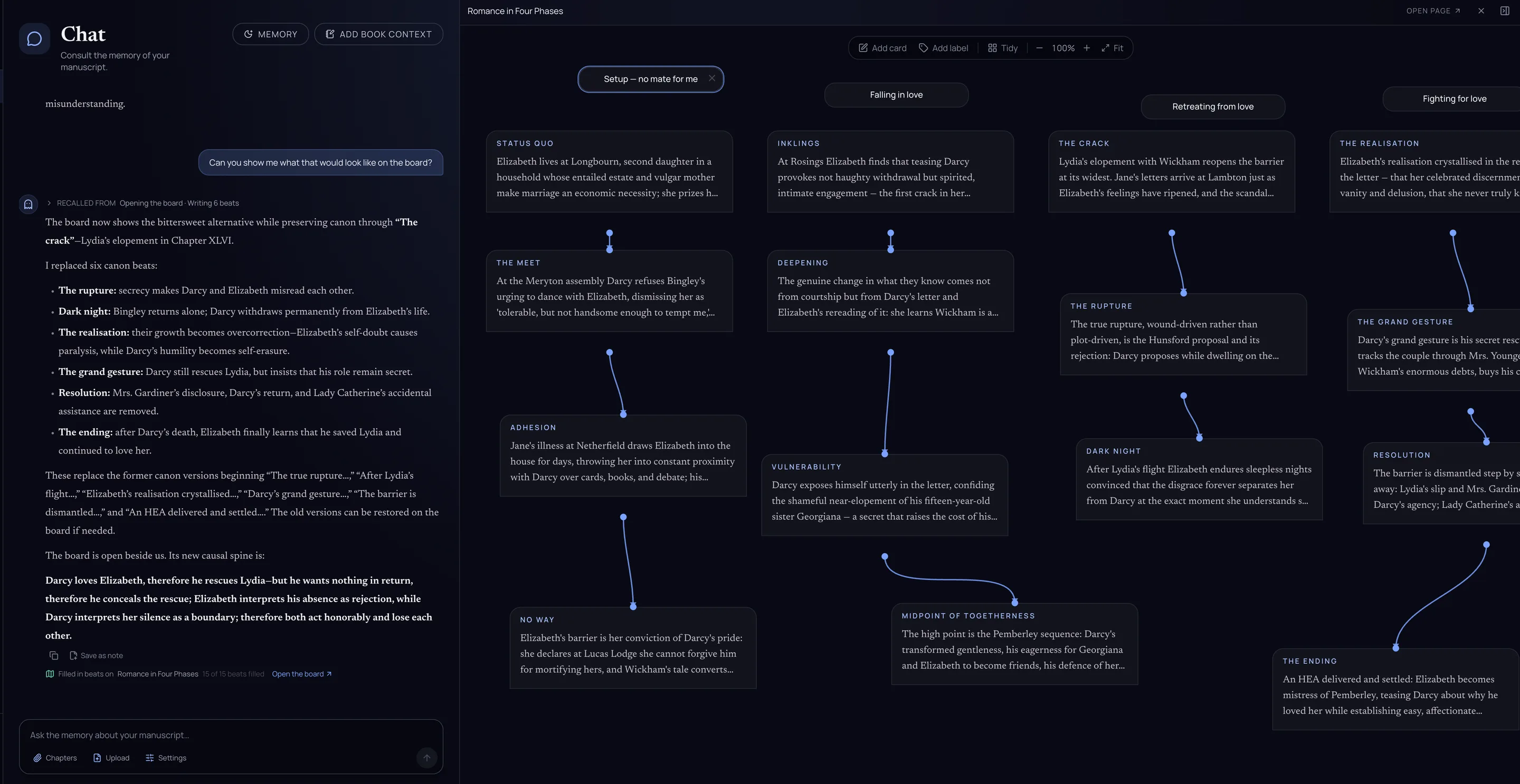 A conversation about the plot in PhantomMemory, with the beat board open beside it, its columns filled in with the beats just discussed