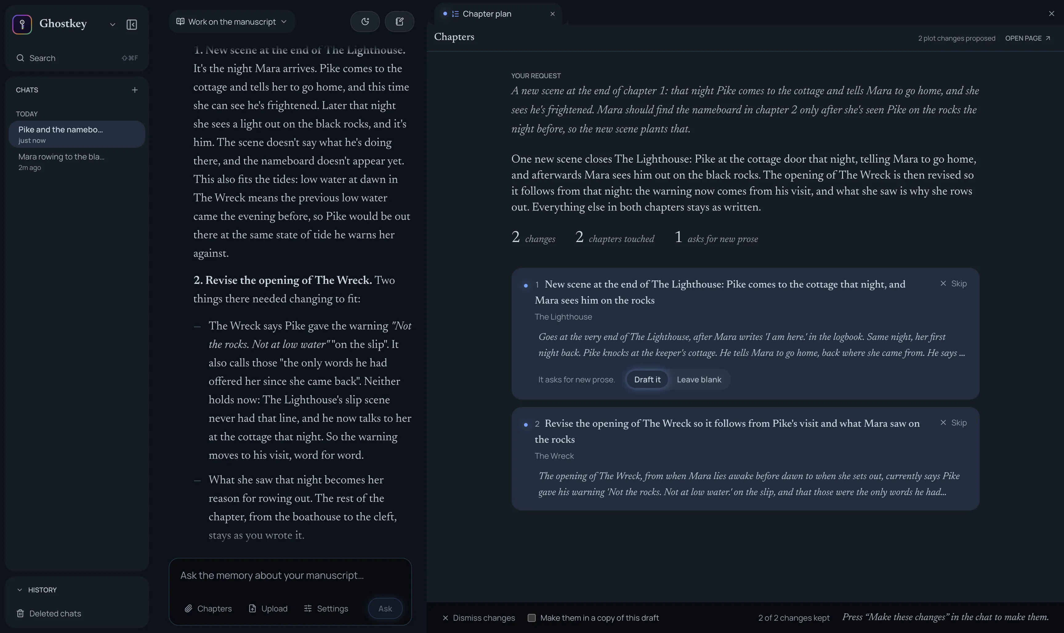 A change set on the Chapters page: a new scene to draft, and a revision