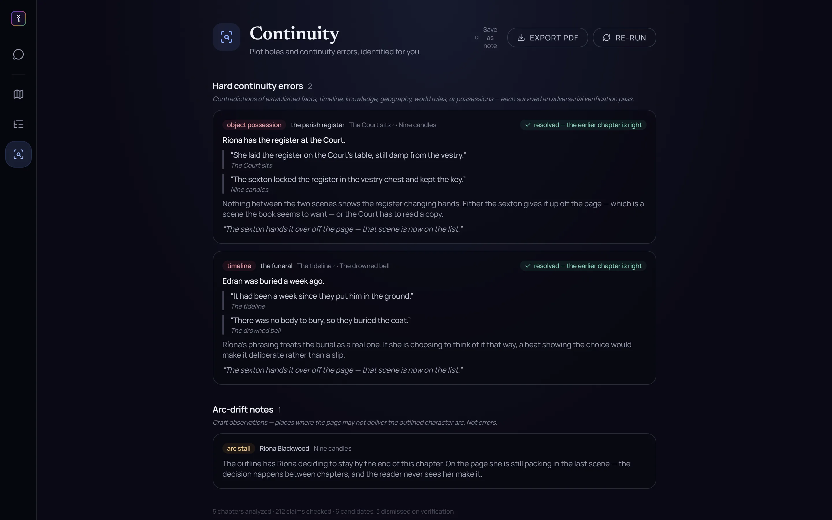 A continuity report: two contradictions between chapters, each quoting both passages and each marked as resolved by the author, and a note where the page doesn't deliver the outlined character arc