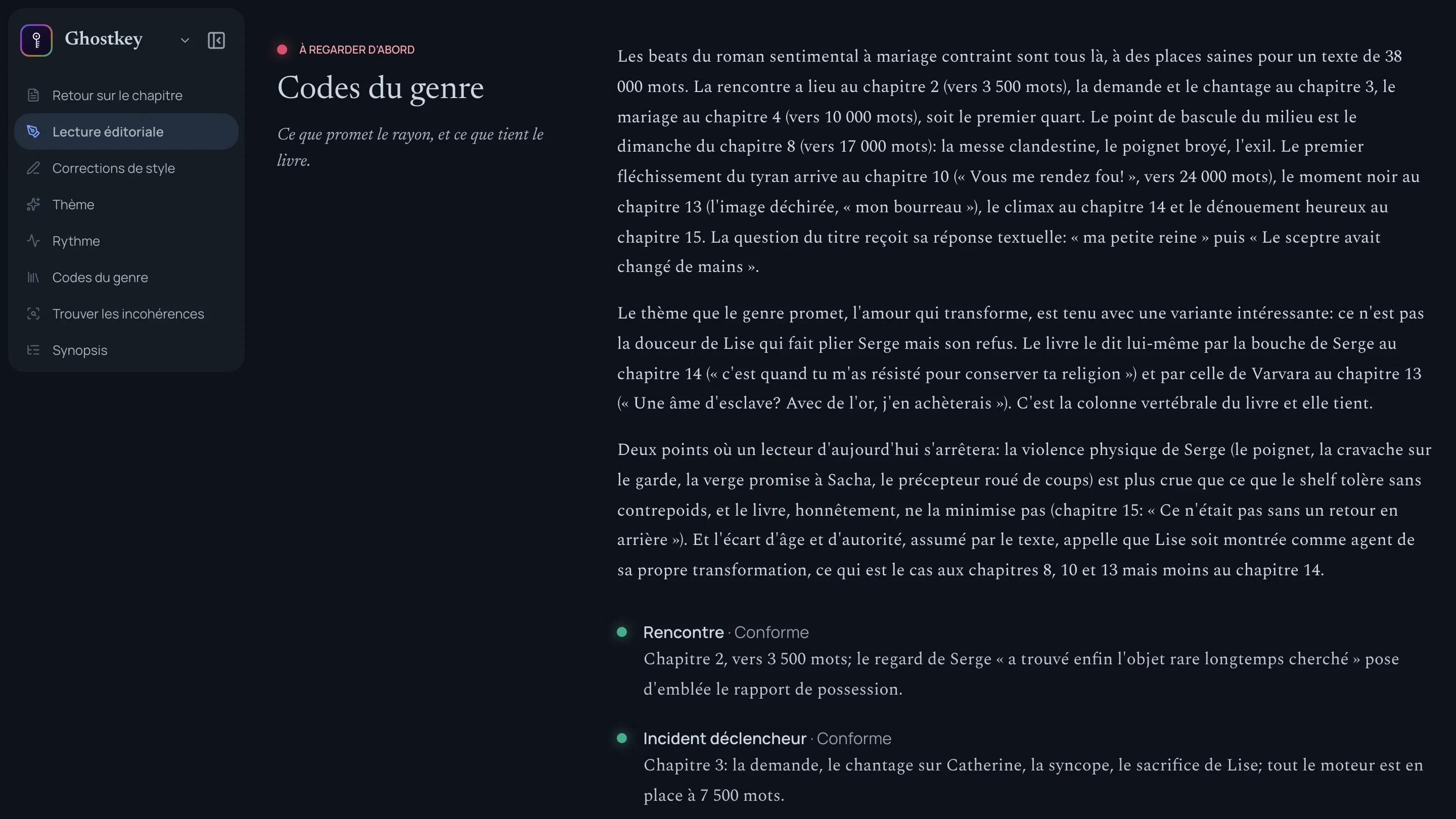 La partie codes du genre de la lecture éditoriale d’Esclave… ou reine ?, marquée À regarder d’abord : trois paragraphes sur la manière dont le roman tient les promesses du roman sentimental, puis des points marqués Conforme pour la rencontre et l’incident déclencheur