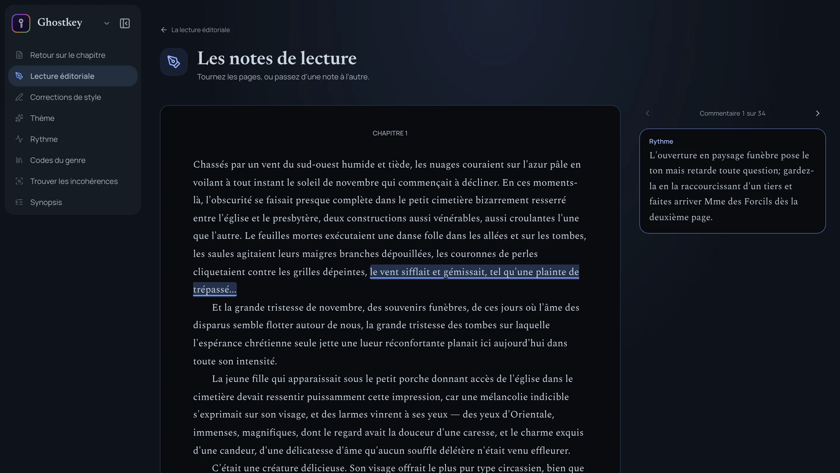 Esclave… ou reine ?, chapitre 1, avec une phrase soulignée et, à côté, le premier de 34 commentaires en marge, étiqueté Rythme : l’ouverture en paysage funèbre pose le ton mais retarde toute question