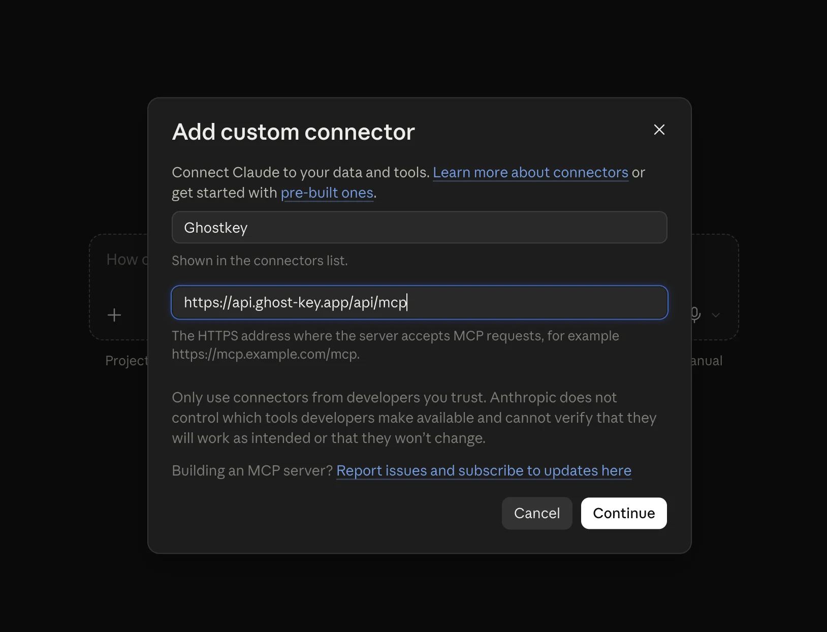 The Add custom connector window in Claude, filled in for Ghostkey