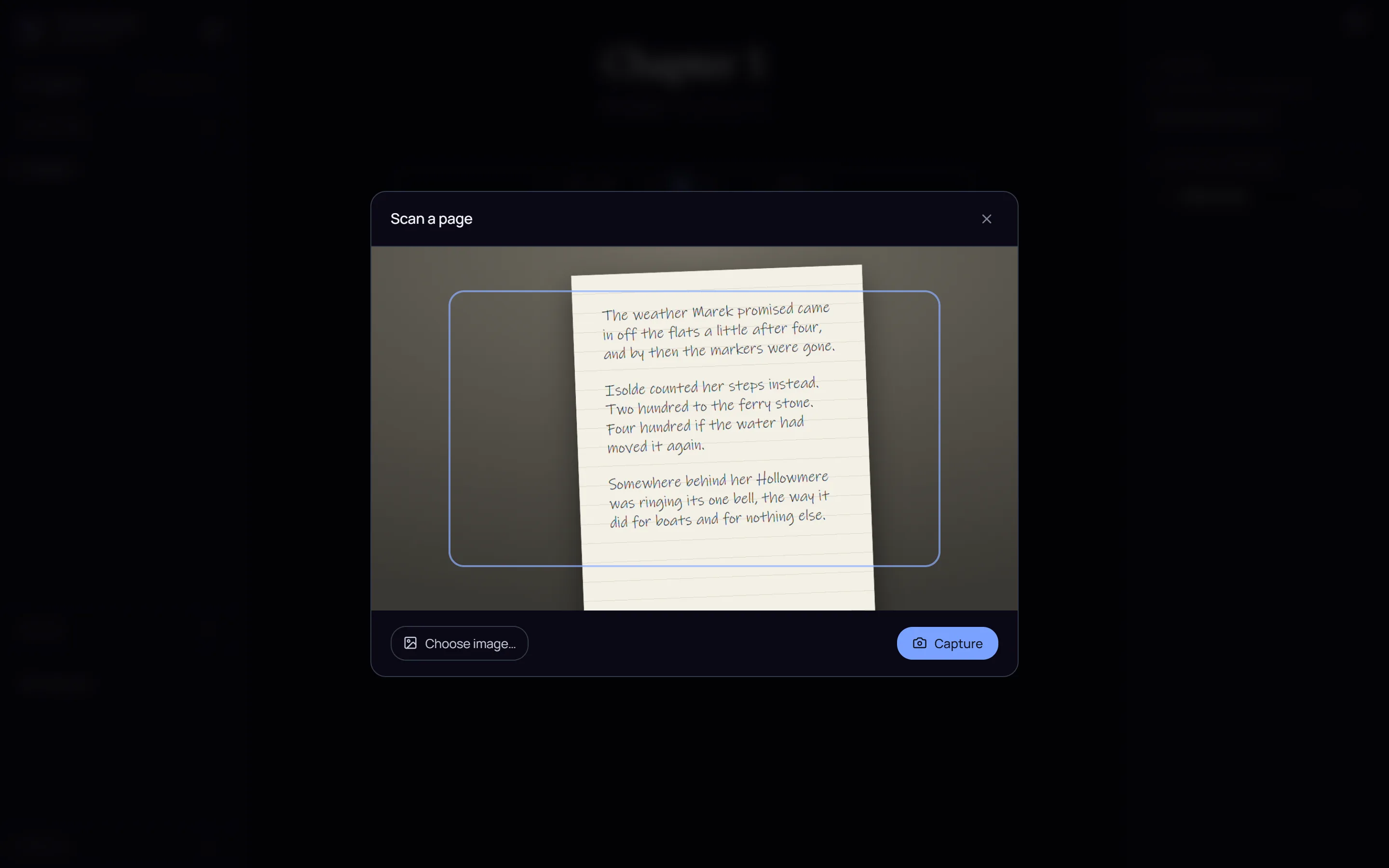 The scan viewfinder framing a handwritten page