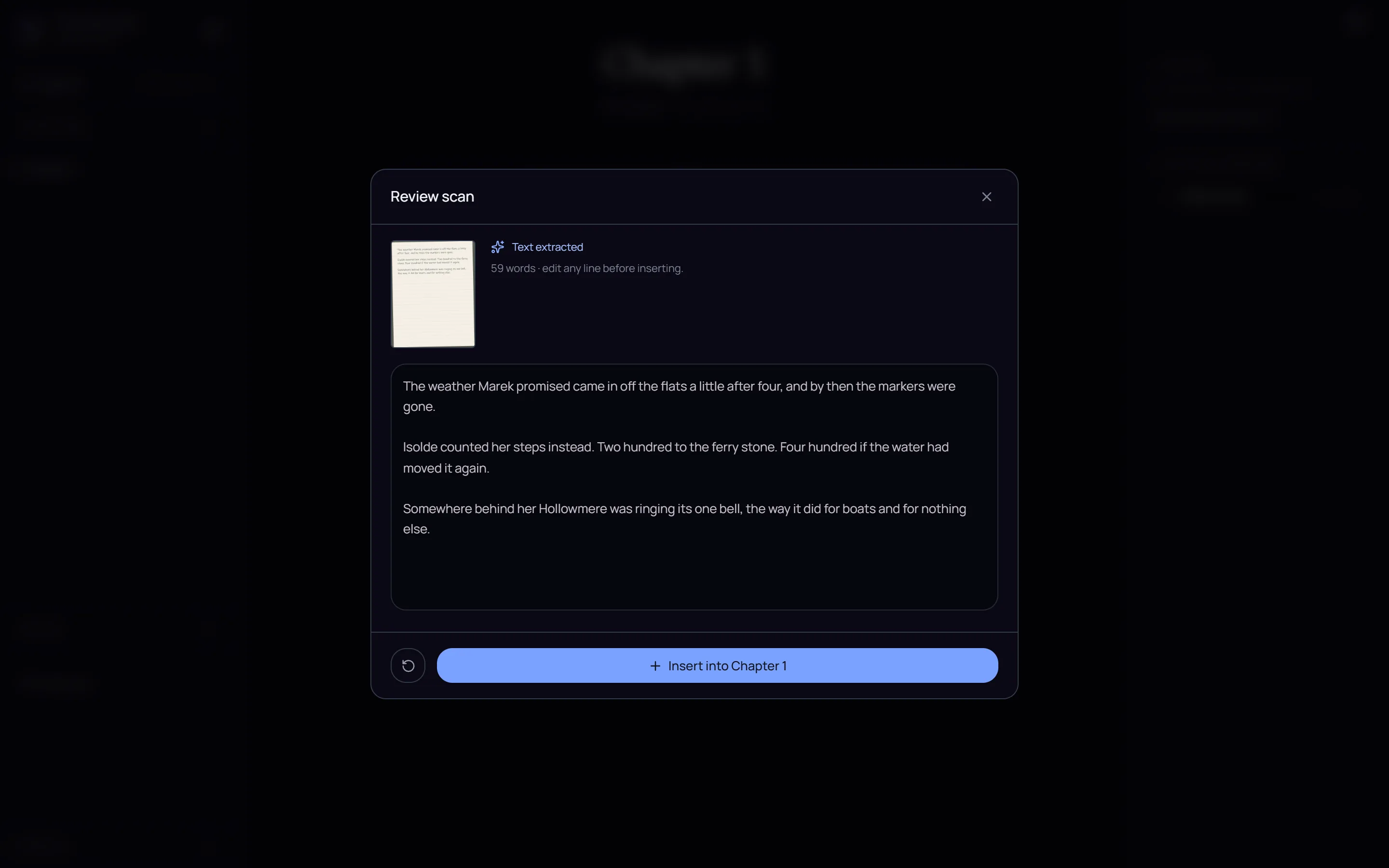 The scan review step, with the extracted text ready to edit